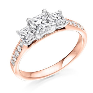 18K Rose Gold 1.10 CTW Princess Cut Diamond Halo Trilogy Ring G/Si - Pobjoy Diamonds