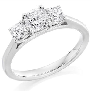 18K White Gold 1.80 CTW Cushion Cut Diamond Trilogy Ring F/VS2 - Pobjoy Diamonds