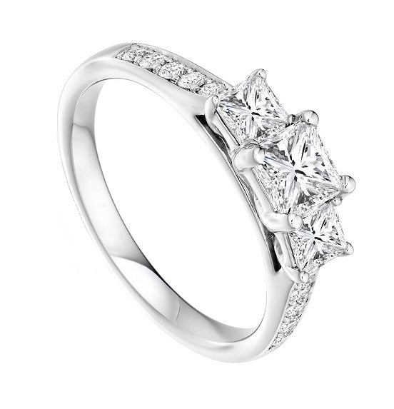 18K White Gold 1.10 CTW Princess Cut Diamond Trilogy Ring G/Si - Pobjoy Diamonds