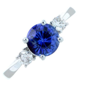 18K White Gold Blue Round Cut Sapphire & Side Diamonds Ring - G/VS - Pobjoy Diamonds