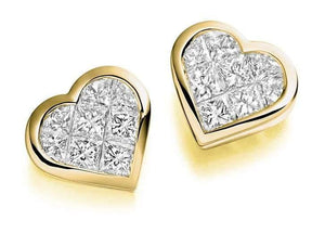 18K Gold Stud Heart Diamond Earrings 1.00 Carat Princess Cut 