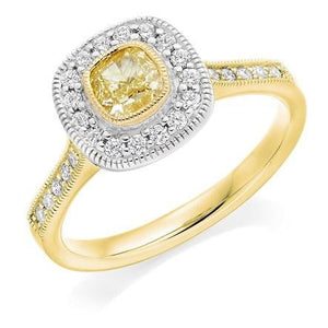 18K Gold Yellow Cushion Diamond & Halo Engagement Ring 0.80 CTW - Pobjoy Diamonds