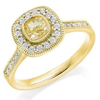 18K Gold Yellow Cushion Diamond & Halo Engagement Ring 0.80 CTW - Pobjoy Diamonds