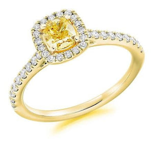 18K Gold Yellow Cushion Diamond & Halo Engagement Ring 0.85 CTW - Pobjoy Diamonds