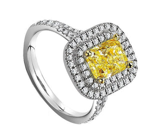 18K Gold Fancy Yellow Radiant Cut Diamond & Halo Engagement Ring 1.75 CTW - F/VS2 - Pobjoy Diamonds