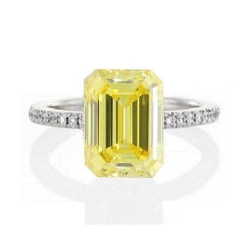 18K Gold Fancy Vivid Yellow Emerald Cut Lab Diamond 1.28 Carat Ring - Pobjoy Diamonds