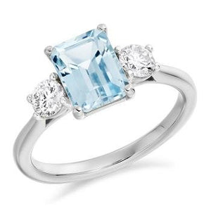 18K White Gold 2.00 Carat Aquamarine & Diamond Trilogy Ring - Pobjoy Diamonds