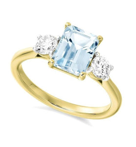 18K Yellow Gold 2.00 Carat Aquamarine & Diamond Trilogy Ring - Pobjoy Diamonds