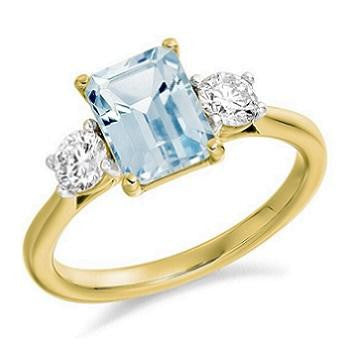 18K Yellow Gold 2.00 Carat Aquamarine & Diamond Trilogy Ring - F/VS - Pobjoy Diamonds