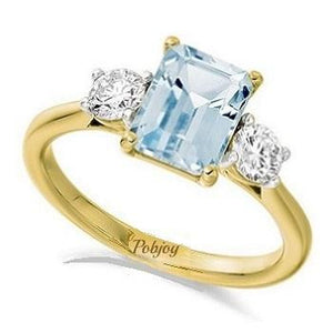 18K Yellow Gold 2.00 Carat Aquamarine & Diamond Trilogy Ring - F/VS - Pobjoy Diamonds