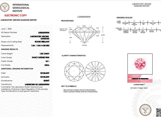 1.53 Carat Round Cut Fancy Intense Pink Lab Grown Diamond