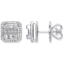 Load image into Gallery viewer, 18K White Gold Round &amp; Baguette Diamond Stud Earrings - Pobjoy Diamonds