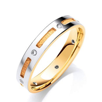 Two Colour Gold Flat Court Seven Stone Diamond Wedding Band