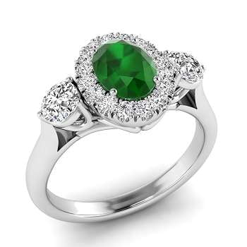 Platinum Oval Green Emerald & Diamond Trilogy Ring - Pobjoy Diamonds