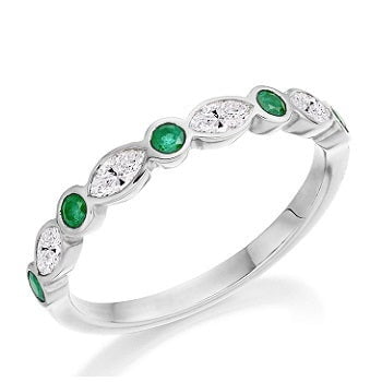 950 Platinum Emerald & Diamond Vintage Style Half Eternity Ring 0.62 CTW - Pobjoy Diamonds