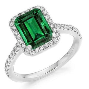 18K White Gold Emerald Cut Emerald & Diamond Halo Ring 2.25 CTW - Pobjoy Diamonds