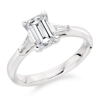 950 Platinum Emerald Cut Solitaire Ring With Side Baguettes 1.18 CTW- G/VS2 - Pobjoy Diamonds