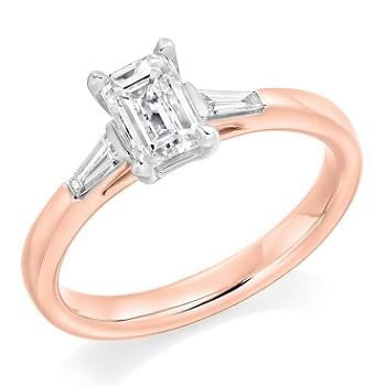 18K Rose Gold Emerald Cut Solitaire Ring With Side Baguettes 0.90 CTW- G/Si1 - Pobjoy Diamonds