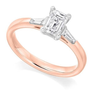 18K Rose Gold Emerald Cut Solitaire Ring With Side Baguettes 0.90 CTW- G/Si1 - Pobjoy Diamonds