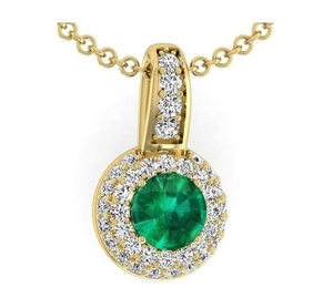 18K Gold Round Cut Emerald & Diamond Pendant Necklace G-H/Si1 - Pobjoy Diamonds