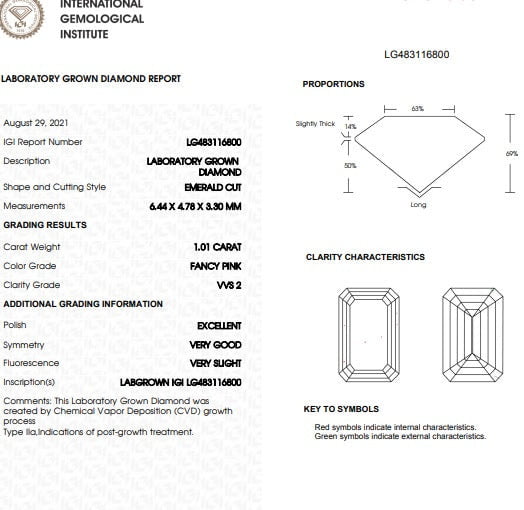 18K Gold Fancy Pink Emerald Cut Lab Grown Diamond 1.01 Carat Ring VVS2 - Pobjoy Diamonds