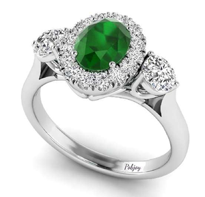 Platinum Oval Green Emerald & Diamond Trilogy Ring - Pobjoy Diamonds