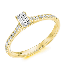 Load image into Gallery viewer, Yellow  Gold Emerald Cut 0.55 CTW Solitaire Diamond &amp; Shoulders Ring F/VS1-Pobjoy