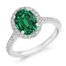 Load image into Gallery viewer, 18K White Gold Oval Cut Emerald &amp; Diamond Halo Ring 2.14 Carats