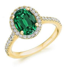 Load image into Gallery viewer, 18K Yellow Gold Oval Cut Emerald &amp; Diamond Halo Ring 2.14 Carats
