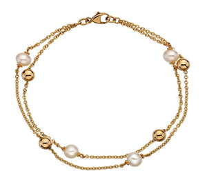 9K Yellow Gold Sphere & Pearl Ladies Bracelet - Pobjoy Diamonds