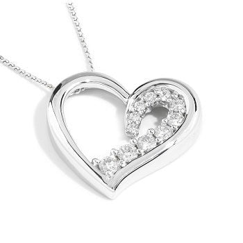 18K White Gold Graduated Diamond Heart Pendant Necklace- Pobjoy Diamonds