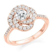 Load image into Gallery viewer, 18K Rose Gold Diamond Halo &amp; Shoulders Cluster Engagement Ring 0.95 CTW - Pobjoy Diamonds