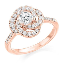Load image into Gallery viewer, 18K Rose Gold Diamond Halo &amp; Shoulders Cluster Engagement Ring 0.95 CTW - Pobjoy Diamonds