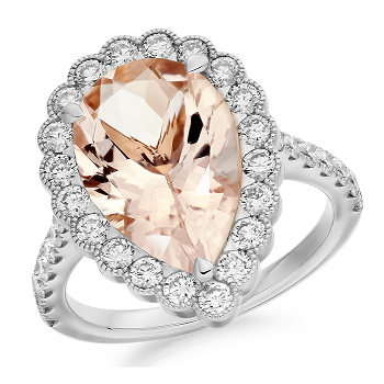 18K White Gold Pear Cut Morganite & Diamond Halo Ring 5.10 CTW-Pobjoy Diamonds