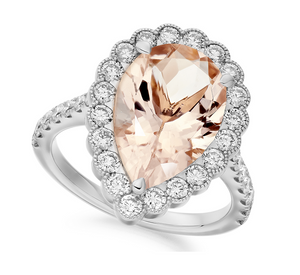 18K White Gold Pear Cut Morganite & Diamond Halo Ring 5.10 Carat - Pobjoy Diamonds