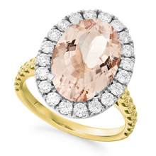 Load image into Gallery viewer, 18K Yellow &amp; White Gold Oval Cut Morganite &amp; Diamond Halo Ring 6.80 CTW-Pobjoy Diamonds
