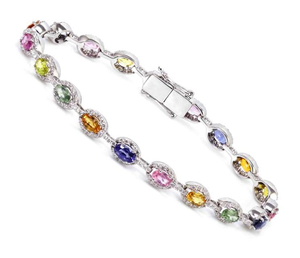 18K White Gold Multi Colour Oval Sapphire & Diamond Tennis Bracelet - Pobjoy Diamonds
