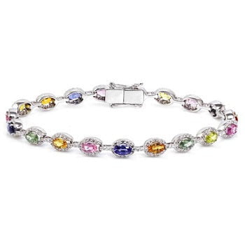 18K White Gold Multi Colour Oval Sapphire & Diamond Tennis Bracelet - Pobjoy Diamonds