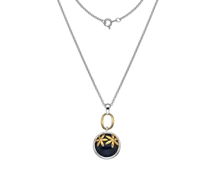 Sterling Silver Onyx & Gold Plate Drop Pendant & Necklace - Pobjoy Diamonds
