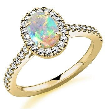18K Yellow Gold Oval Opal & Diamond Halo Ring 0.85 CTW - Pobjoy Diamonds