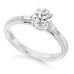 950 Platinum Oval Cut Solitaire Ring With Side Baguettes 1.18 CTW- F/VS2 - Pobjoy Diamonds