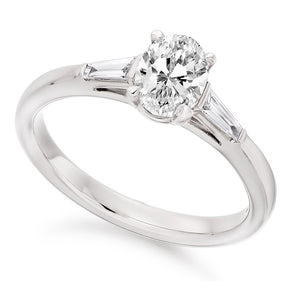 950 Platinum Oval Cut Solitaire Ring With Side Baguettes 1.18 CTW- F/VS2 - Pobjoy Diamonds