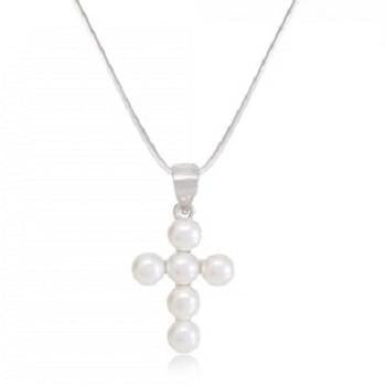 Freshwater Culured White Pearl Cross Pendant & Neck Chain - Pobjoy Diamonds