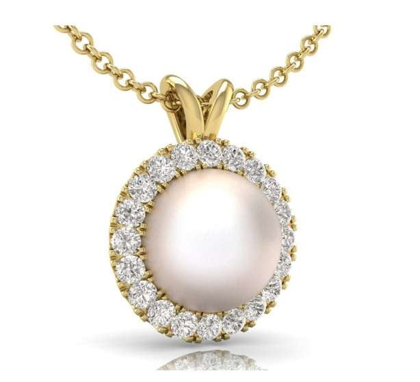 9K Yellow Gold Diamond & Pearl Drop Pendant 0.15 CTW - Pobjoy Diamonds