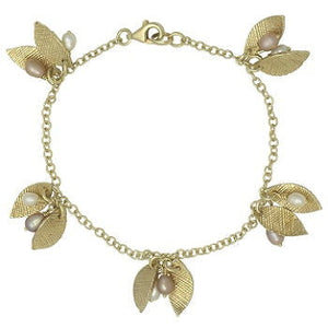 9K Yellow Gold Pearl & Leaf Chain Bracelet - Pobjoy Diamonds