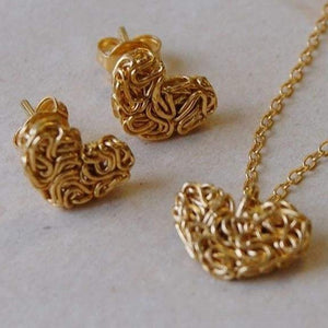 Handmade Gold On Silver Mesh Heart & Stud Earring Set