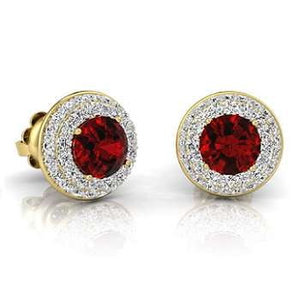 9K Yellow Gold Ruby & Double Diamond Halo Stud Earrings - Pobjoy Diamonds
