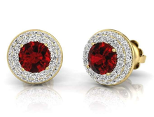 Load image into Gallery viewer, 9K Yellow Gold Ruby &amp; Double Diamond Halo Stud Earrings - Pobjoy Diamonds