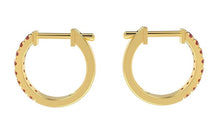 Load image into Gallery viewer, Adorable 9K yellow gold ladies hoop earrings featuring alternating pink natural round cut  rubies and glistening diamonds.