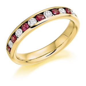 18K Yellow Gold Ruby & Diamond Half Eternity Ring 0.80 CTW - Pobjoy Diamonds